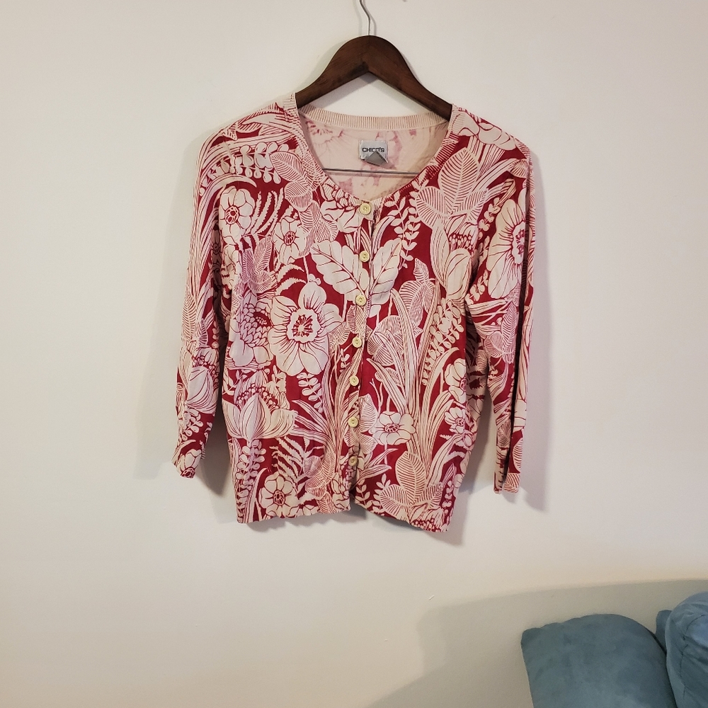 Chicos silk blend floral button down cardigan cream red lightweight size large